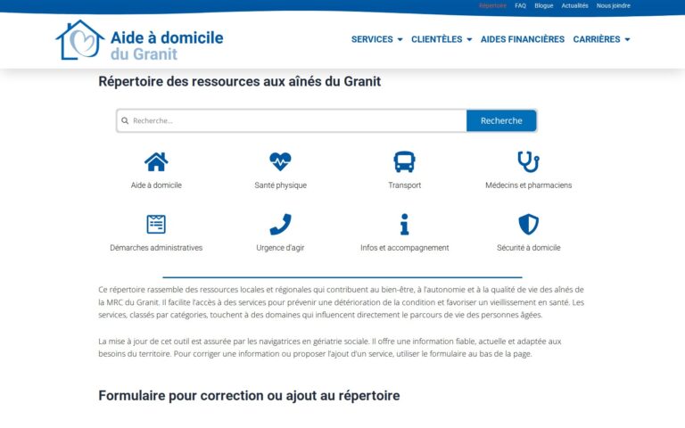 Capture d’écran du site Répertoire des ressources aux aînés du Granit